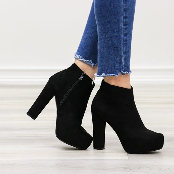 Platform Black Suede Ankle Heeled Booties - Picture 5 of 12
